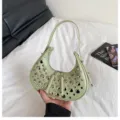 Punk style studded shoulder bag, green leather crescent hobo purse, vintage rivet dumpling bag. - Green