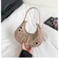 Punk style rivet shoulder bag PU leather crescent hobo bag for women fashion handbag - Khaki