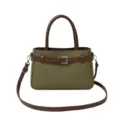 Olive green contrast color women handbag vintage bucket crossbody bag with brown leather trim. - Green
