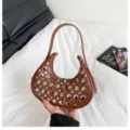 Punk style rivet brown shoulder bag, vintage underarm crescent hobo bag for women fashion. - Brown