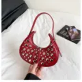 Red punk rivet shoulder bag PU leather crescent handbag stylish underarm bag for women - Red