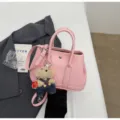 Pink leather tote bag with shoulder strap and cute bear charm stylish women handbag - With Pendant / Pink