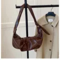 Dark brown glossy hobo shoulder bag, trendy minimalist dumpling style for women daily wear. - No Pendant / Brown