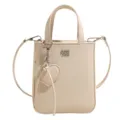 Beige mini crossbody bag for women, PU leather shoulder tote with heart pendant and top handles. - White