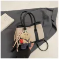 Canvas contrast color tote bag with stylish shoulder strap and cute bear pendant. - With Charm / Black