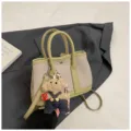 Green canvas tote bag with shoulder strap and cute bear pendant, stylish women handbag. - With Charm / Green