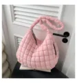 Pink quilted puffer shoulder bag, stylish down cotton dumpling underarm bag for women daily. - Pink