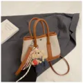 Canvas patchwork shoulder bag for women large capacity tote handbag with cute bear charm - With Charm / Brown