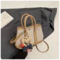 Canvas leather colorblock tote bag with cute bear charm chic casual shoulder crossbody bag. - With Charm / Khaki