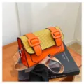 Orange and yellow color-block woven crossbody bag, stylish Cambridge satchel for women. - Orange