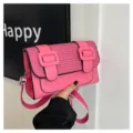 Pink woven flap Cambridge crossbody bag with dual buckles, stylish commuting mini square handbag - Rose Red