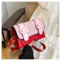 Pink red color-blocking Cambridge crossbody bag, stylish small square satchel variant. - Red
