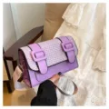 Purple woven flap crossbody bag, stylish contrast shoulder handbag with double buckle straps. - Purple