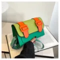 Stylish green orange contrast color satchel bag trendy shoulder crossbody bag for women - Green