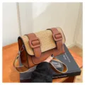 2025 Spring new fashion contrast straw woven Cambridge bag casual retro crossbody shoulder bag - Brown