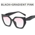 Fashion polygonal cat eye sunglasses with gradient pink lenses, trendy black oversized frame. - Glossy Black Frame Gradient Pink Lens
