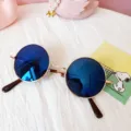 Kids round metal sunglasses with blue mirrored lenses, retro cute eyewear for children. - Blue Mirrored