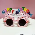 Pink cupcake birthday party glasses with colorful happy birthday letters decor, fun photo props. - Cake Shape / Pinkish Grey
