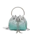Strass-Beuteltasche Detail mit Farbverlauf Kristallen, Metallringgriff und Kettenriemen. - Weißes Farbverlauf Grün
