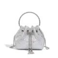 Brillante bolso de noche con pedrería, asa de anillo metálico y correa de cadena. - Blanco