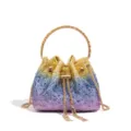 Strass Beutel Tasche Detail, bunte Kristall Handtasche mit Metall Rundgriff und Kettenriemen. - Goldenes Farbverlauf Blau-Lila