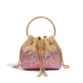 Atemberaubende Abendtasche mit Farbverlauf und Strass, runden Metallgriff und Kristalldetails. - Goldenes Farbverlauf Rosenrot