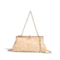 Elegant gold sequin evening clutch bag with metal chain strap, perfect for party events. - Gold