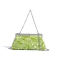 Detailed close-up of the elegant light green sequined evening clutch with shiny metallic chain. - Green