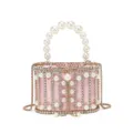 Elegante bolso de noche de perlas y estrás, bolso de mano metálico con forro de satén. - Rayado Rosa