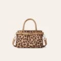 Bolso de mano de corcho con estampado de leopardo, bandolera con asa y ribete de cuero PU. - Estampado de leopardo