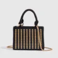 Bolso de mano de noche negro con diamantes de imitacion y cadena dorada elegante - Negro