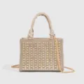 Women luxury rhinestone evening handbag sparkling crystal top handle shoulder crossbody bag - Light gold