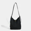 Sac seau en suédine noire, sac bandoulière polyvalent avec élégant fermoir. - Noir