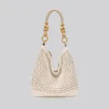 Bolso de hombro de ganchillo beis con abalorios de madera elegante bolso de playa para mujer - Blanco Roto