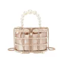 Elegant pearl rhinestone metal cage evening bag with satin pouch and pearl handle for party. - Plaid Champagne