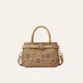 Bolso de mano de cuero de corcho estilo étnico, bolso cruzado con estampado geométrico. - Patrón de Cuadrícula