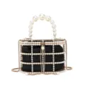 Elegant pearl metal cage evening bag with rhinestones and black inner pouch for women. - Plaid Black