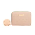 Monedero corto acolchado para mujer con dije de pompón esponjoso, tarjetero minimalista rosa. - Albaricoque