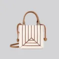 Women's color block patchwork crossbody bag, stylish white and brown shoulder handbag. - White