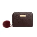 Women quilted short wallet card holder with plush pom pom charm, burgundy coin purse. - Coffee