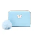 Cartera corta de mujer de cuero PU azul claro monedero con linda decoracion de mariposa y pompon. - Azul claro