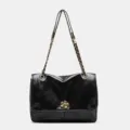 Bolso de hombro de cuero negro con correa de cadena y elegante cierre de flor. - L / Negro