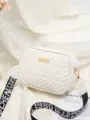 Bolso bandolera acolchado blanco para mujer, elegante bolso con correa ancha estampada. - Blanco