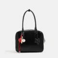 Bolso de charol negro para mujer bolso de hombro versátil con colgantes elegantes - Negro (Grande)