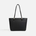 Bolso tote de cuero negro, bolso de hombro minimalista con asas finas y herrajes metálicos. - Bolso tote con estuche pequeño / Negro