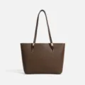 Bolso tote clásico de cuero marrón para mujer, bolso de hombro grande y elegante. - Bolso tote con estuche pequeño / Chocolate