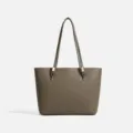 Bolso tote taupe minimalista para mujer, bolso de hombro grande para trabajo y diario. - Bolso tote con estuche pequeño / Gris Elefante