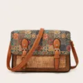 Bolso bandolera vintage de corcho para mujer, elegante bolso cruzado con estampado marrón. - Bloques de color