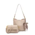 Bolso cubo y bolso bandolera de piel PU beige con pañuelo elegante. Estilo chic. - Gris