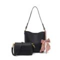 Conjunto de bolso cubo de cuero negro para mujer con bolso cruzado y pañuelo elegante. - Negro